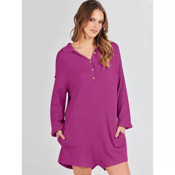 imageANRABESS Women One Piece Pajamas Sweater Rompers 2024 Spring Around House Lounging Outfits Long SLeeve Knit JumpsuitsHot Pink