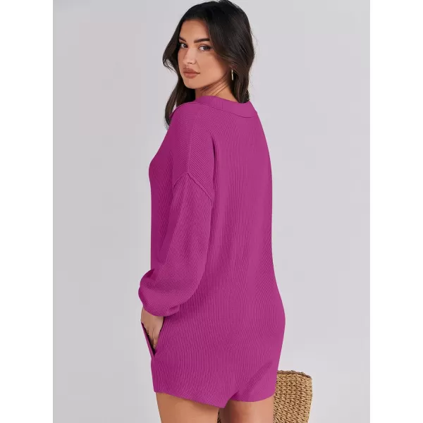 imageANRABESS Women One Piece Pajamas Sweater Rompers 2024 Spring Around House Lounging Outfits Long SLeeve Knit JumpsuitsHot Pink