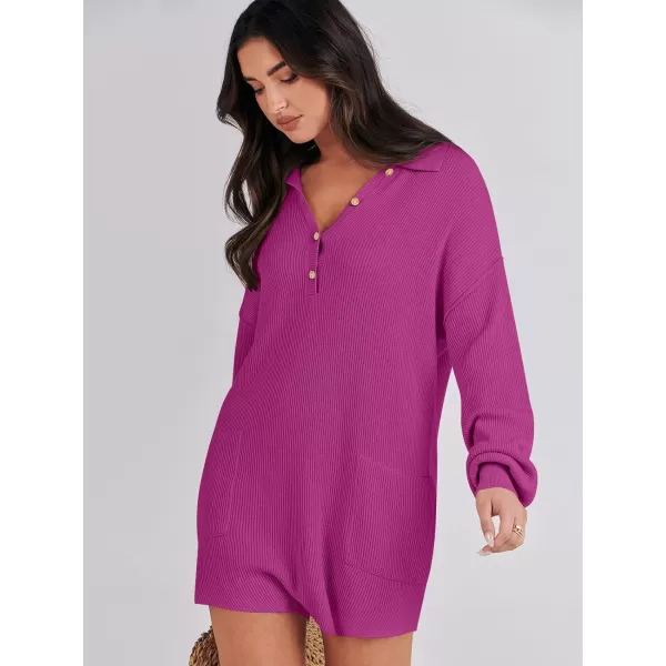 imageANRABESS Women One Piece Pajamas Sweater Rompers 2024 Spring Around House Lounging Outfits Long SLeeve Knit JumpsuitsHot Pink