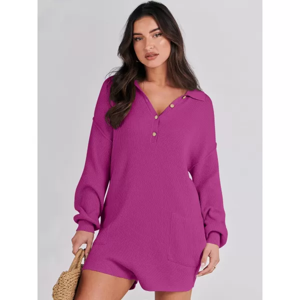 imageANRABESS Women One Piece Pajamas Sweater Rompers 2024 Spring Around House Lounging Outfits Long SLeeve Knit JumpsuitsHot Pink