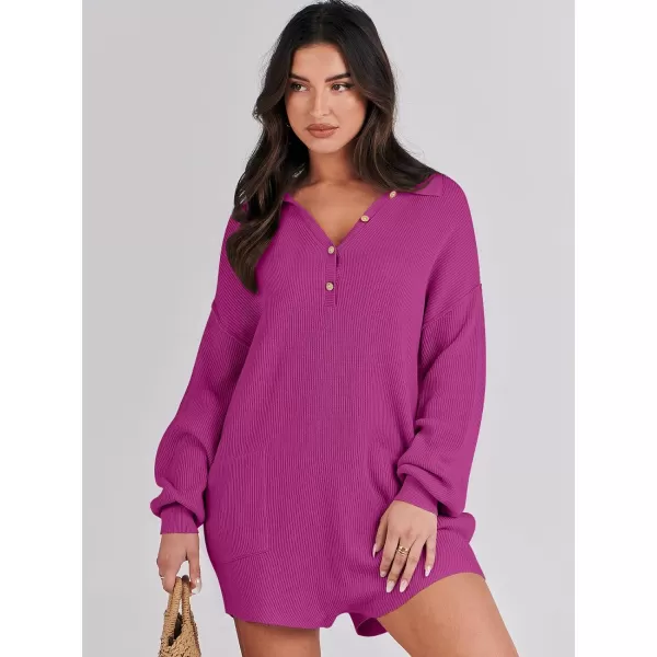 imageANRABESS Women One Piece Pajamas Sweater Rompers 2024 Spring Around House Lounging Outfits Long SLeeve Knit JumpsuitsHot Pink