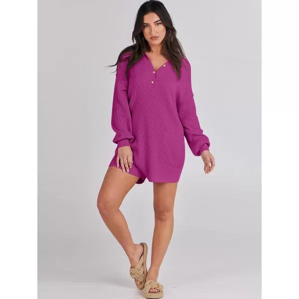 imageANRABESS Women One Piece Pajamas Sweater Rompers 2024 Spring Around House Lounging Outfits Long SLeeve Knit JumpsuitsHot Pink