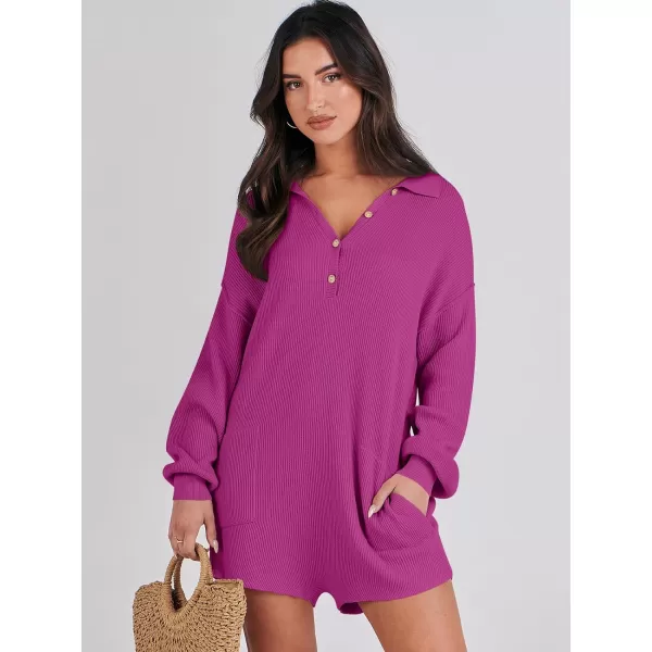imageANRABESS Women One Piece Pajamas Sweater Rompers 2024 Spring Around House Lounging Outfits Long SLeeve Knit JumpsuitsHot Pink