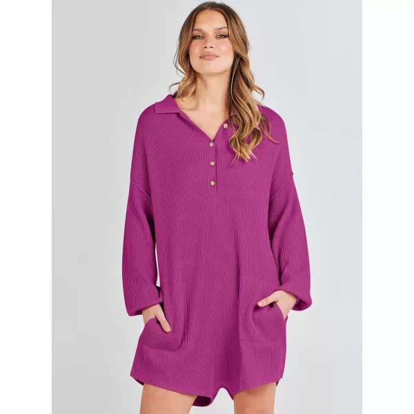 imageANRABESS Women One Piece Pajamas Sweater Rompers 2024 Spring Around House Lounging Outfits Long SLeeve Knit JumpsuitsHot Pink