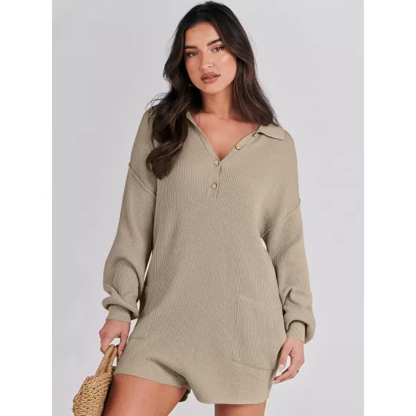 imageANRABESS Women One Piece Pajamas Sweater Rompers 2024 Spring Around House Lounging Outfits Long SLeeve Knit JumpsuitsKhaki