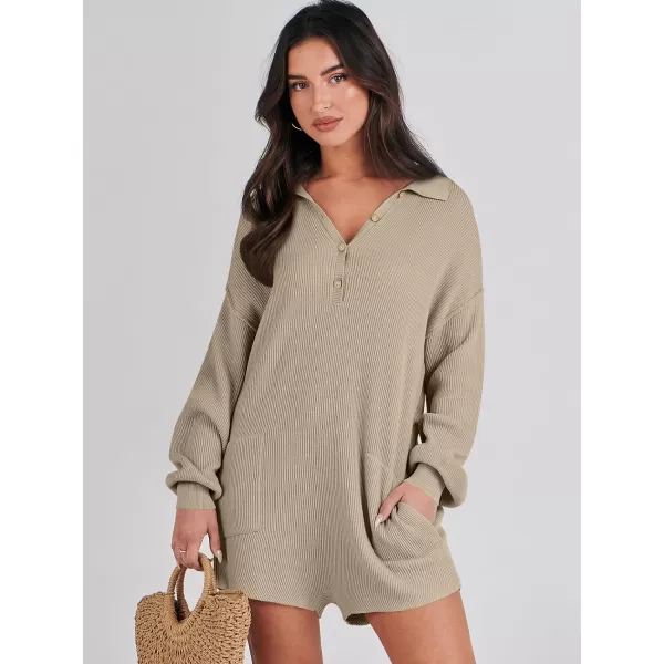 imageANRABESS Women One Piece Pajamas Sweater Rompers 2024 Spring Around House Lounging Outfits Long SLeeve Knit JumpsuitsKhaki