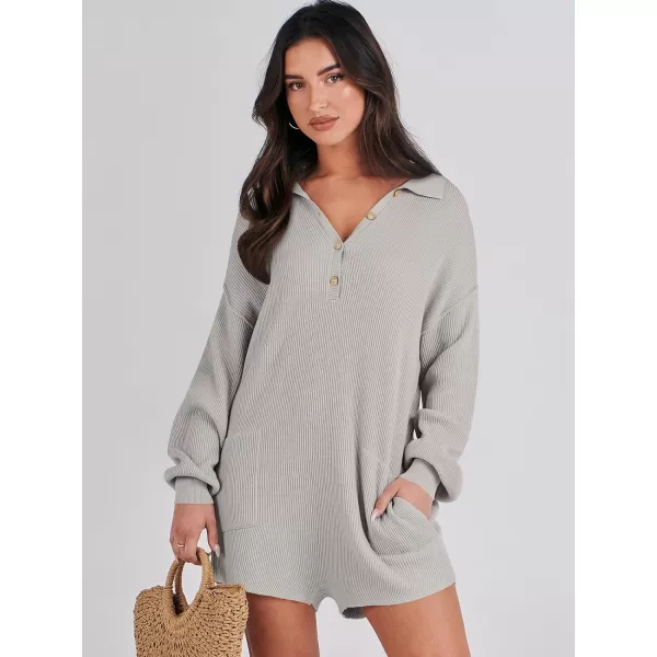 imageANRABESS Women One Piece Pajamas Sweater Rompers 2024 Spring Around House Lounging Outfits Long SLeeve Knit JumpsuitsLight Grey