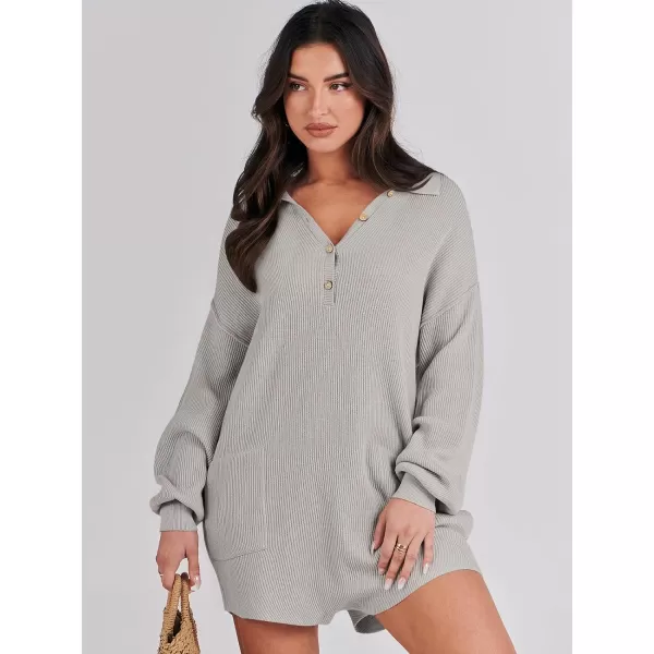 imageANRABESS Women One Piece Pajamas Sweater Rompers 2024 Spring Around House Lounging Outfits Long SLeeve Knit JumpsuitsLight Grey