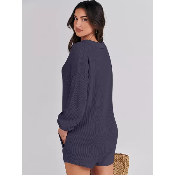 imageANRABESS Women One Piece Pajamas Sweater Rompers 2024 Spring Around House Lounging Outfits Long SLeeve Knit JumpsuitsNavy Blue