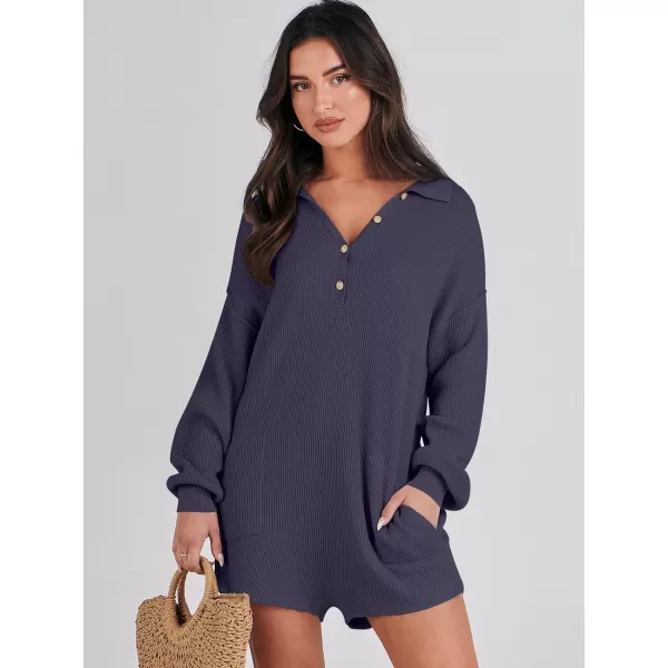 imageANRABESS Women One Piece Pajamas Sweater Rompers 2024 Spring Around House Lounging Outfits Long SLeeve Knit JumpsuitsNavy Blue