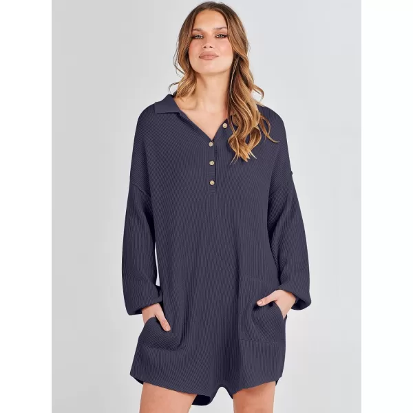 imageANRABESS Women One Piece Pajamas Sweater Rompers 2024 Spring Around House Lounging Outfits Long SLeeve Knit JumpsuitsNavy Blue