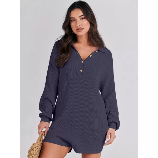 imageANRABESS Women One Piece Pajamas Sweater Rompers 2024 Spring Around House Lounging Outfits Long SLeeve Knit JumpsuitsNavy Blue