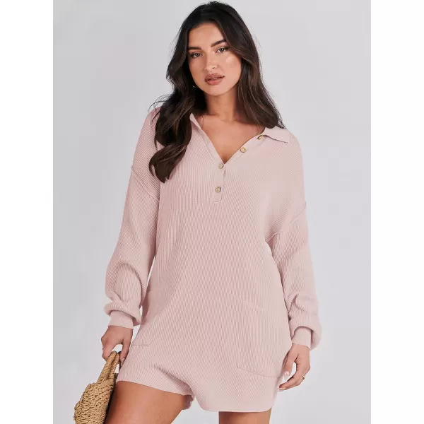 imageANRABESS Women One Piece Pajamas Sweater Rompers 2024 Spring Around House Lounging Outfits Long SLeeve Knit JumpsuitsPink
