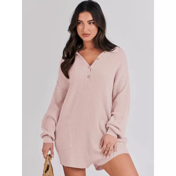 imageANRABESS Women One Piece Pajamas Sweater Rompers 2024 Spring Around House Lounging Outfits Long SLeeve Knit JumpsuitsPink