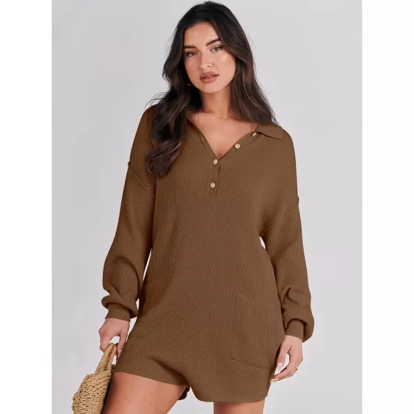 imageANRABESS Women One Piece Pajamas Sweater Rompers 2024 Spring Around House Lounging Outfits Long SLeeve Knit JumpsuitsRust