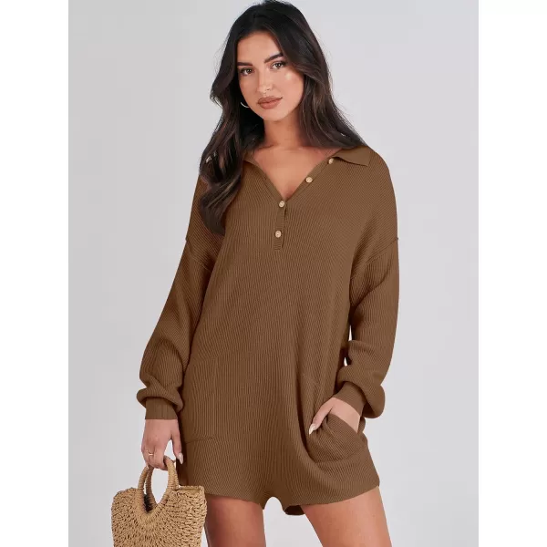 imageANRABESS Women One Piece Pajamas Sweater Rompers 2024 Spring Around House Lounging Outfits Long SLeeve Knit JumpsuitsRust