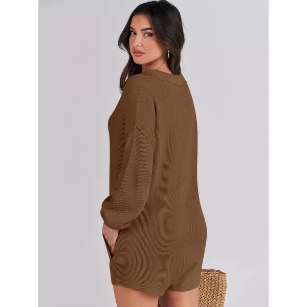 imageANRABESS Women One Piece Pajamas Sweater Rompers 2024 Spring Around House Lounging Outfits Long SLeeve Knit JumpsuitsRust