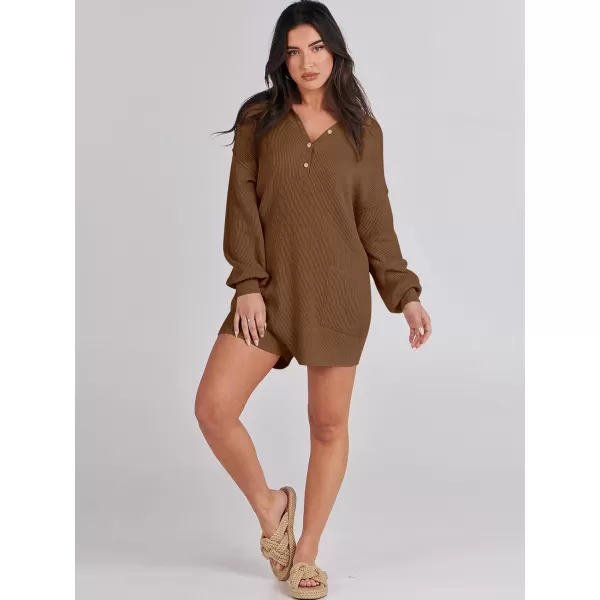 imageANRABESS Women One Piece Pajamas Sweater Rompers 2024 Spring Around House Lounging Outfits Long SLeeve Knit JumpsuitsRust