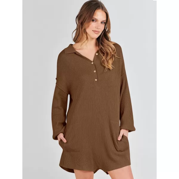 imageANRABESS Women One Piece Pajamas Sweater Rompers 2024 Spring Around House Lounging Outfits Long SLeeve Knit JumpsuitsRust
