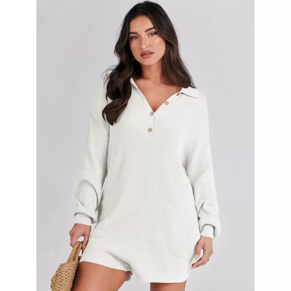 imageANRABESS Women One Piece Pajamas Sweater Rompers 2024 Spring Around House Lounging Outfits Long SLeeve Knit JumpsuitsWhite