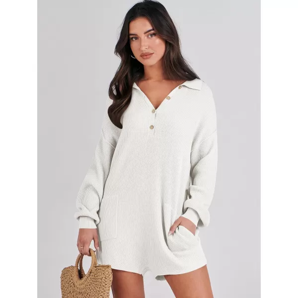 imageANRABESS Women One Piece Pajamas Sweater Rompers 2024 Spring Around House Lounging Outfits Long SLeeve Knit JumpsuitsWhite