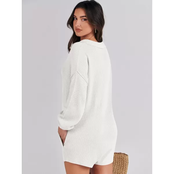 imageANRABESS Women One Piece Pajamas Sweater Rompers 2024 Spring Around House Lounging Outfits Long SLeeve Knit JumpsuitsWhite