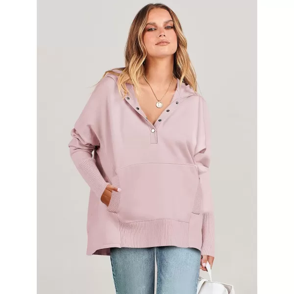 imageANRABESS Women Oversized Hoodie Sweater Long Sleeve Buttons V Neck Casual Loose Sweatshirt Hooded Pullover Fall ClothesPink