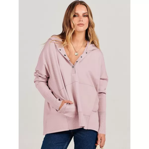 imageANRABESS Women Oversized Hoodie Sweater Long Sleeve Buttons V Neck Casual Loose Sweatshirt Hooded Pullover Fall ClothesPink