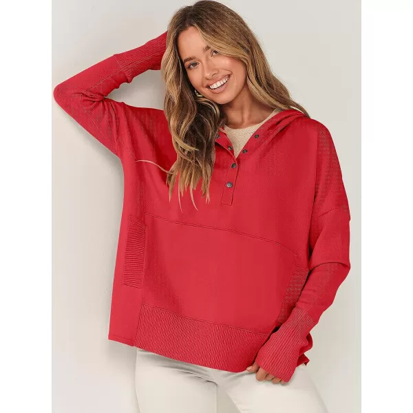 imageANRABESS Women Oversized Hoodie Sweater Long Sleeve Buttons V Neck Casual Loose Sweatshirt Hooded Pullover Fall ClothesRed