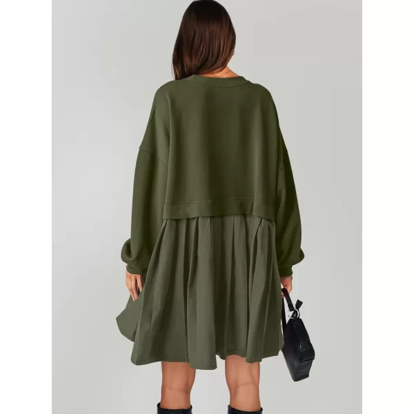 imageANRABESS Women Oversized Sweatshirts Hoodie Dress Long Sleeve Crewneck Casual Baggy Patchwork Pleated Flowy Mini DressesArmy Green