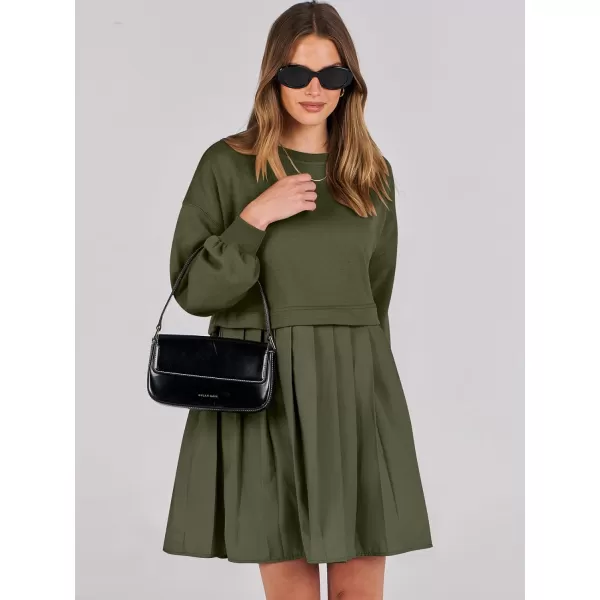 imageANRABESS Women Oversized Sweatshirts Hoodie Dress Long Sleeve Crewneck Casual Baggy Patchwork Pleated Flowy Mini DressesArmy Green
