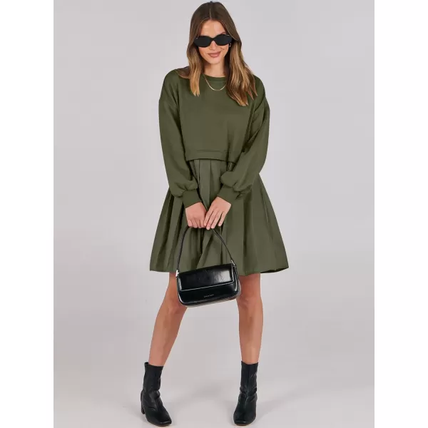imageANRABESS Women Oversized Sweatshirts Hoodie Dress Long Sleeve Crewneck Casual Baggy Patchwork Pleated Flowy Mini DressesArmy Green
