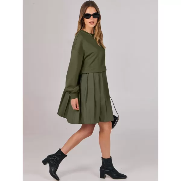 imageANRABESS Women Oversized Sweatshirts Hoodie Dress Long Sleeve Crewneck Casual Baggy Patchwork Pleated Flowy Mini DressesArmy Green