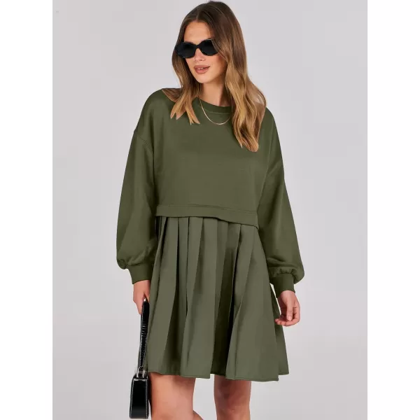 imageANRABESS Women Oversized Sweatshirts Hoodie Dress Long Sleeve Crewneck Casual Baggy Patchwork Pleated Flowy Mini DressesArmy Green