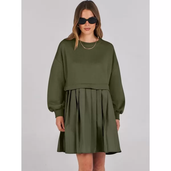 imageANRABESS Women Oversized Sweatshirts Hoodie Dress Long Sleeve Crewneck Casual Baggy Patchwork Pleated Flowy Mini DressesArmy Green