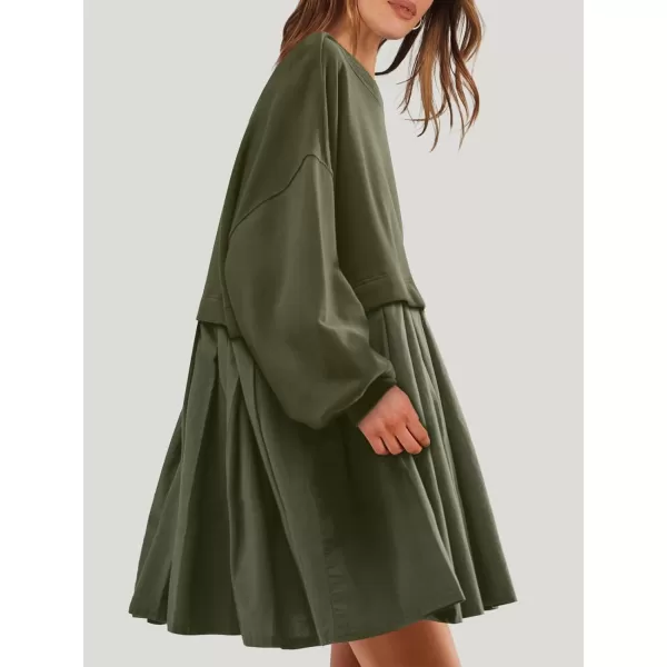 imageANRABESS Women Oversized Sweatshirts Hoodie Dress Long Sleeve Crewneck Casual Baggy Patchwork Pleated Flowy Mini DressesArmy Green