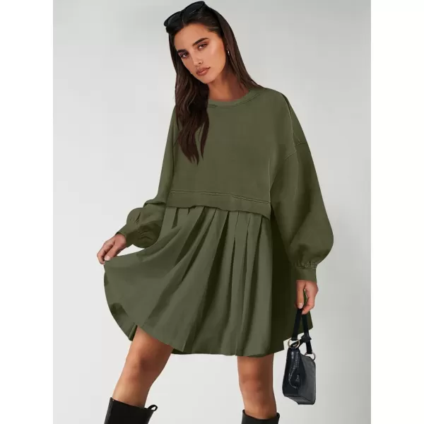 imageANRABESS Women Oversized Sweatshirts Hoodie Dress Long Sleeve Crewneck Casual Baggy Patchwork Pleated Flowy Mini DressesArmy Green