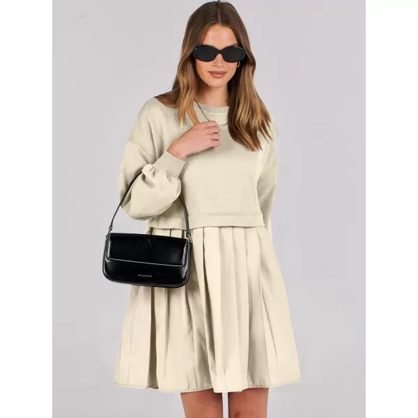 imageANRABESS Women Oversized Sweatshirts Hoodie Dress Long Sleeve Crewneck Casual Baggy Patchwork Pleated Flowy Mini DressesBeige