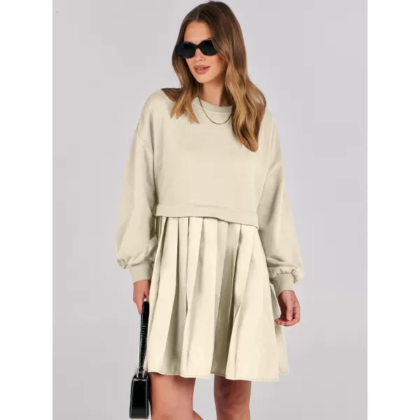 imageANRABESS Women Oversized Sweatshirts Hoodie Dress Long Sleeve Crewneck Casual Baggy Patchwork Pleated Flowy Mini DressesBeige