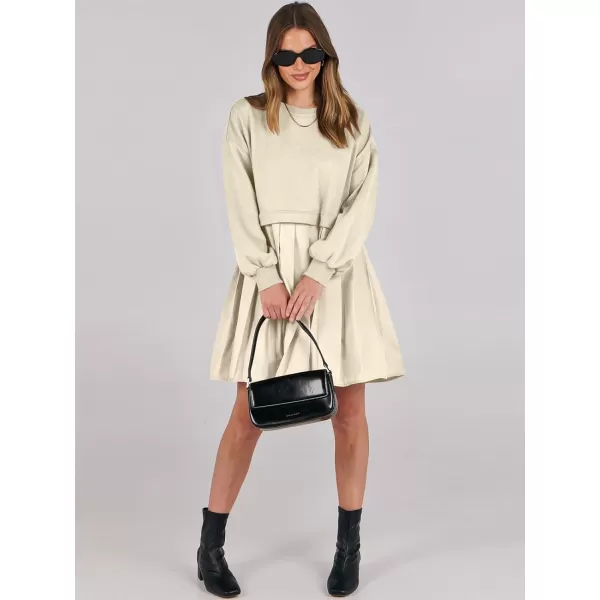imageANRABESS Women Oversized Sweatshirts Hoodie Dress Long Sleeve Crewneck Casual Baggy Patchwork Pleated Flowy Mini DressesBeige