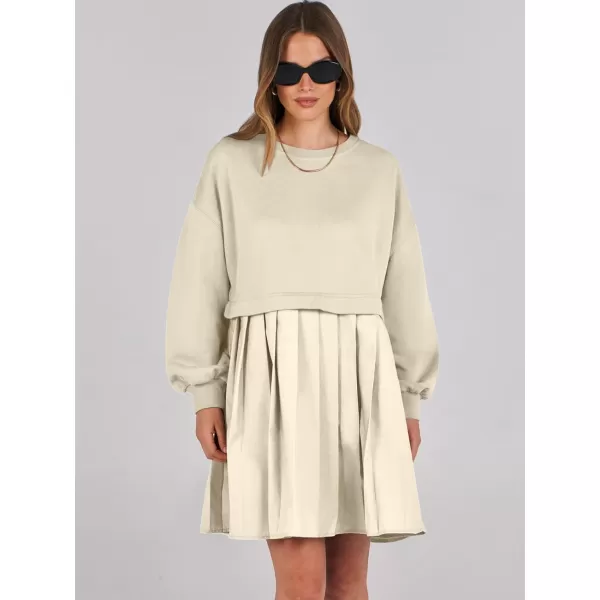 imageANRABESS Women Oversized Sweatshirts Hoodie Dress Long Sleeve Crewneck Casual Baggy Patchwork Pleated Flowy Mini DressesBeige
