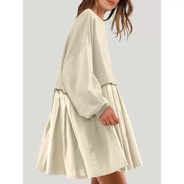 imageANRABESS Women Oversized Sweatshirts Hoodie Dress Long Sleeve Crewneck Casual Baggy Patchwork Pleated Flowy Mini DressesBeige