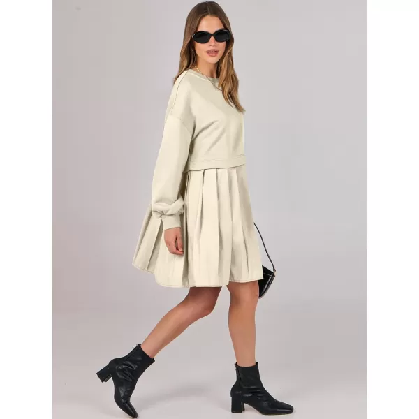 imageANRABESS Women Oversized Sweatshirts Hoodie Dress Long Sleeve Crewneck Casual Baggy Patchwork Pleated Flowy Mini DressesBeige