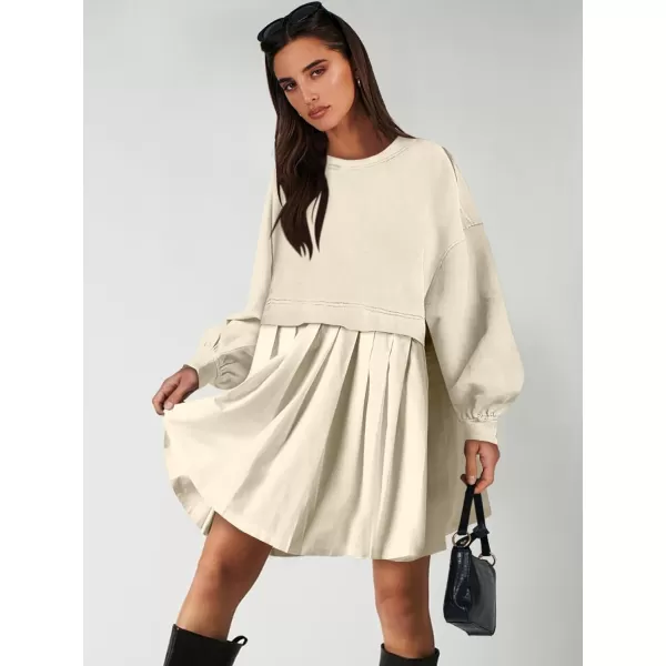 imageANRABESS Women Oversized Sweatshirts Hoodie Dress Long Sleeve Crewneck Casual Baggy Patchwork Pleated Flowy Mini DressesBeige