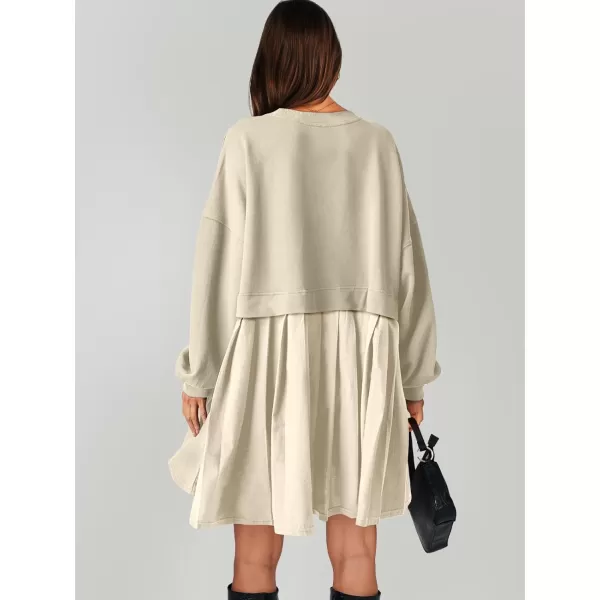 imageANRABESS Women Oversized Sweatshirts Hoodie Dress Long Sleeve Crewneck Casual Baggy Patchwork Pleated Flowy Mini DressesBeige