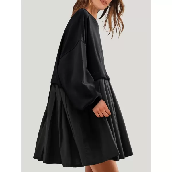 imageANRABESS Women Oversized Sweatshirts Hoodie Dress Long Sleeve Crewneck Casual Baggy Patchwork Pleated Flowy Mini DressesBlack