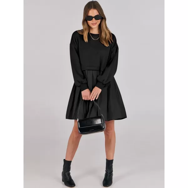 imageANRABESS Women Oversized Sweatshirts Hoodie Dress Long Sleeve Crewneck Casual Baggy Patchwork Pleated Flowy Mini DressesBlack