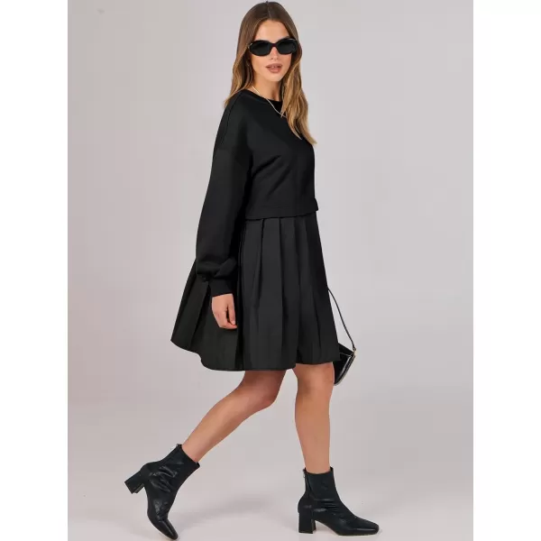 imageANRABESS Women Oversized Sweatshirts Hoodie Dress Long Sleeve Crewneck Casual Baggy Patchwork Pleated Flowy Mini DressesBlack