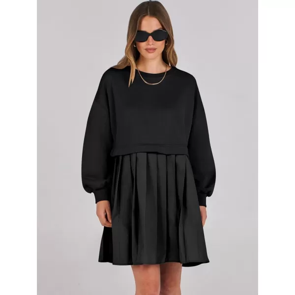 imageANRABESS Women Oversized Sweatshirts Hoodie Dress Long Sleeve Crewneck Casual Baggy Patchwork Pleated Flowy Mini DressesBlack