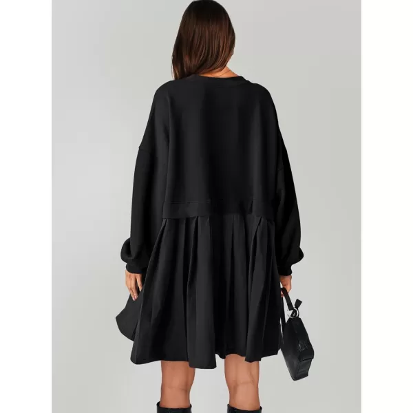 imageANRABESS Women Oversized Sweatshirts Hoodie Dress Long Sleeve Crewneck Casual Baggy Patchwork Pleated Flowy Mini DressesBlack